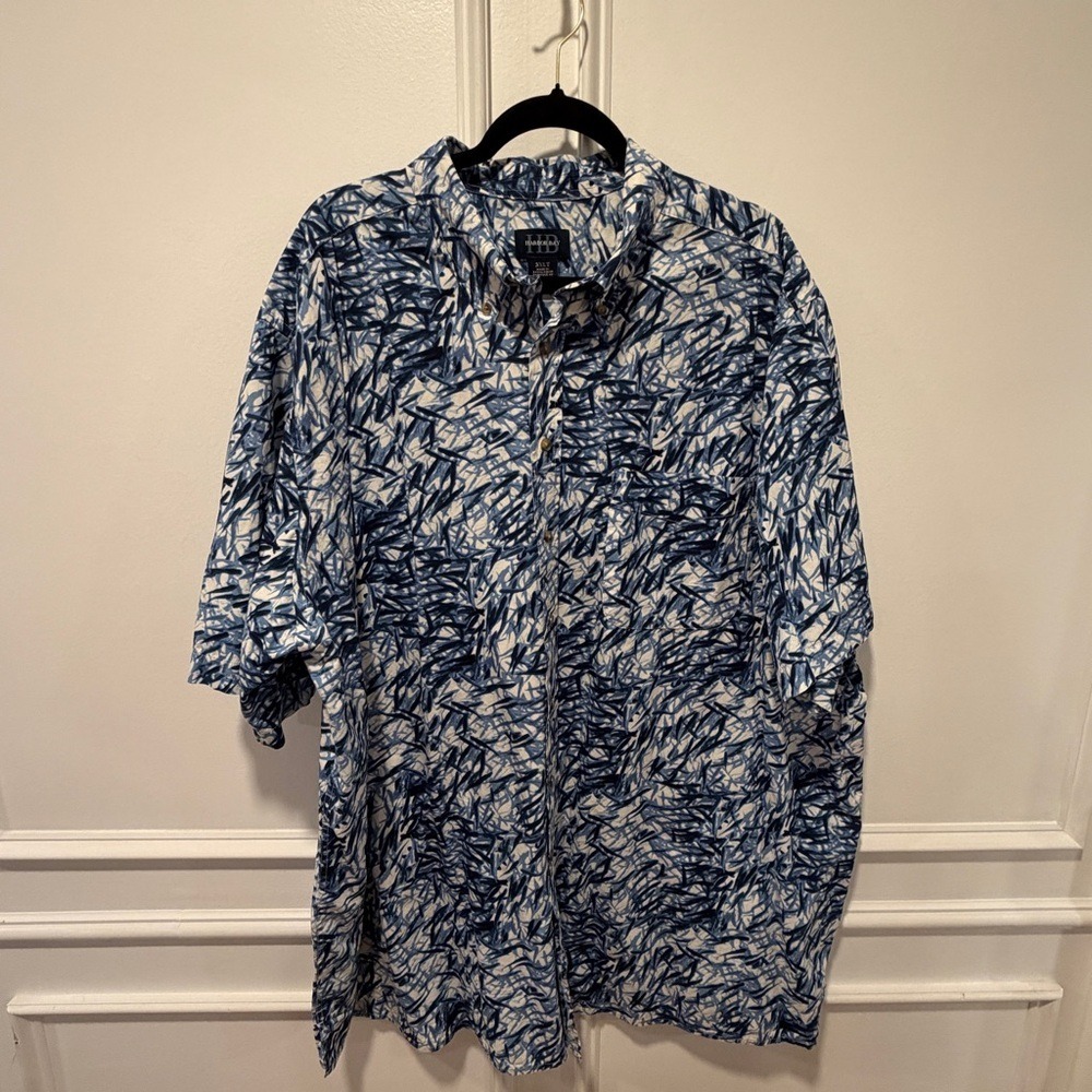 Harbor Bay Men's Hawaiian Shirt Size 3XLT Blue Tan Abstract Leaf Print